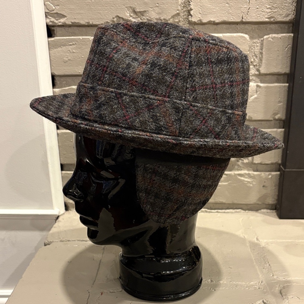 VTG German Wegener Gray & Brown Plaid‎ Gore-Tex Fedora Hat w/Ear Flaps size 56